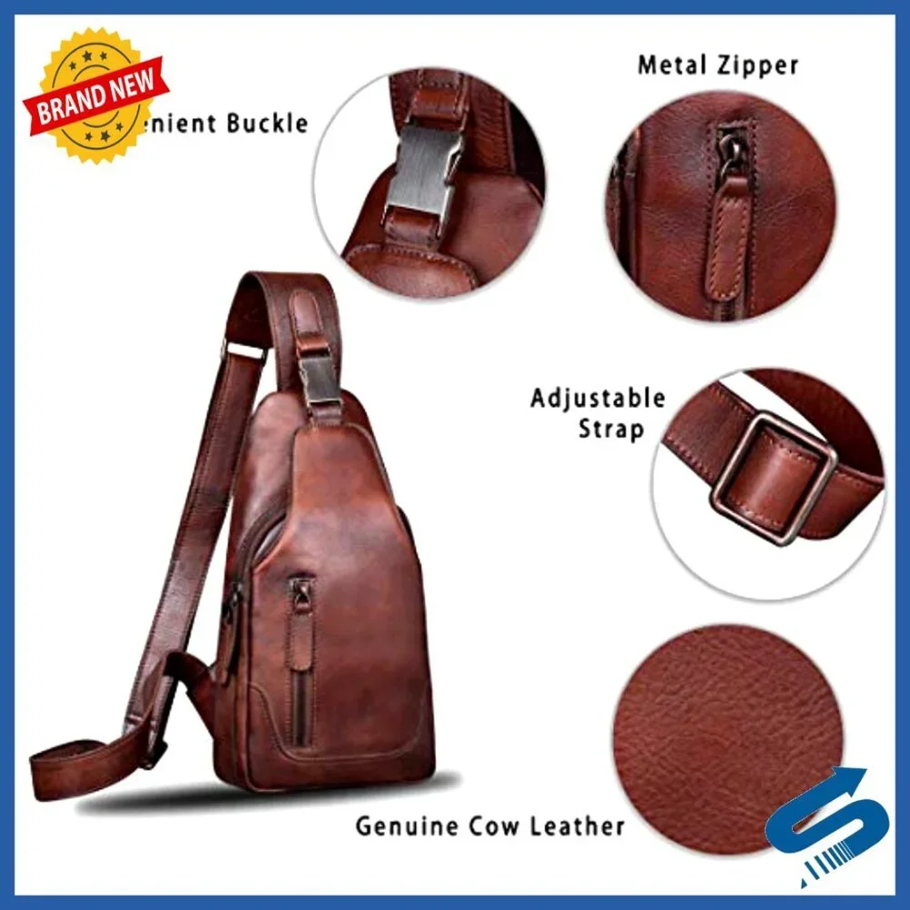 Genuine Leather Sling Backpack Daypack Crossbody Bag Adjustable Strap